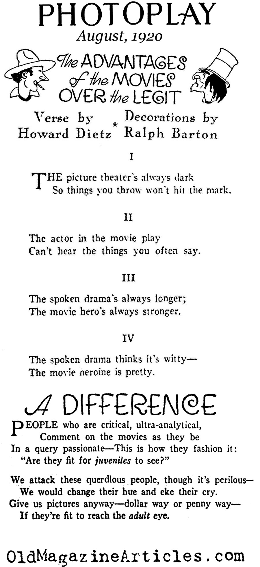The Advantages of Silent Movies Over Theater (Photoplay Magazine, 1920)
